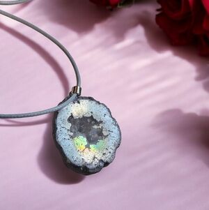 Grey Druzy Crystal Pendant Necklace with Stainless Steel 17 Inch Chain